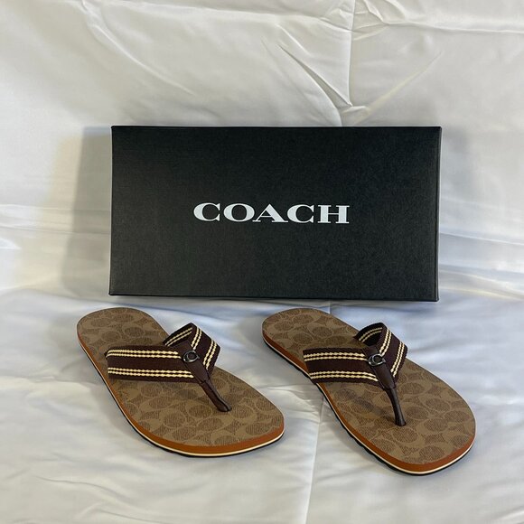 COACH Mens Webbing Flip Flop, Size 8, Tan Signature - Picture 1 of 8